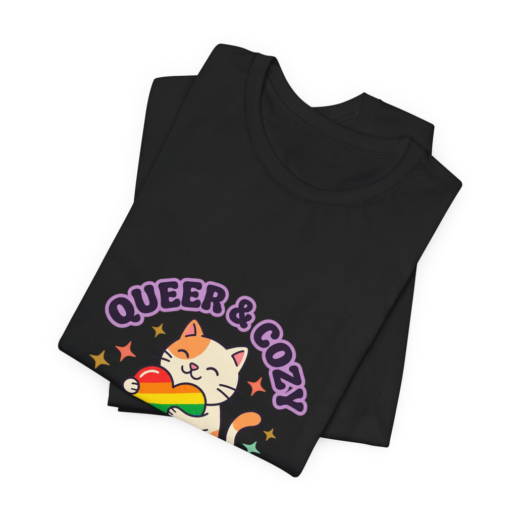 Queer & Cozy Cat Tee | Pride, LGBTQ+ Visibility, Retro Pastel Camp