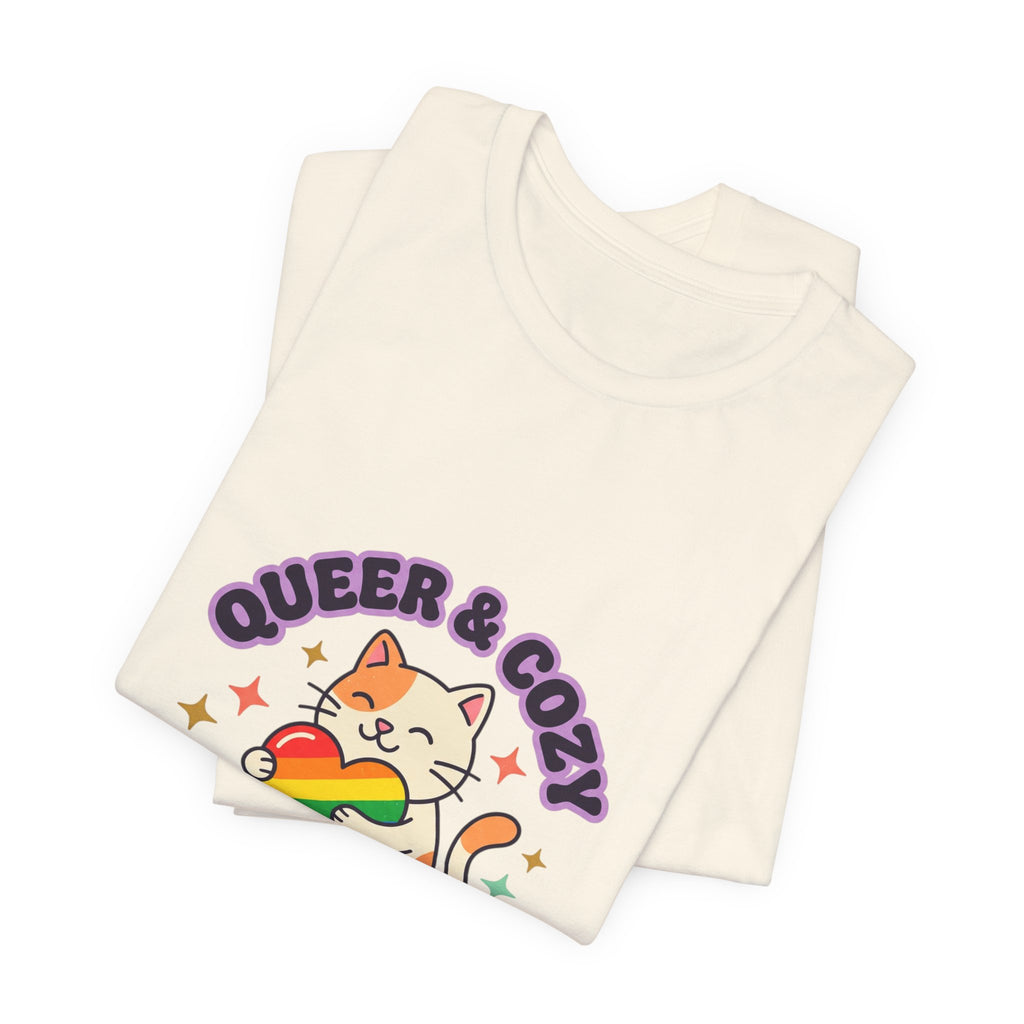 Queer & Cozy Cat Tee | Pride, LGBTQ+ Visibility, Retro Pastel Camp