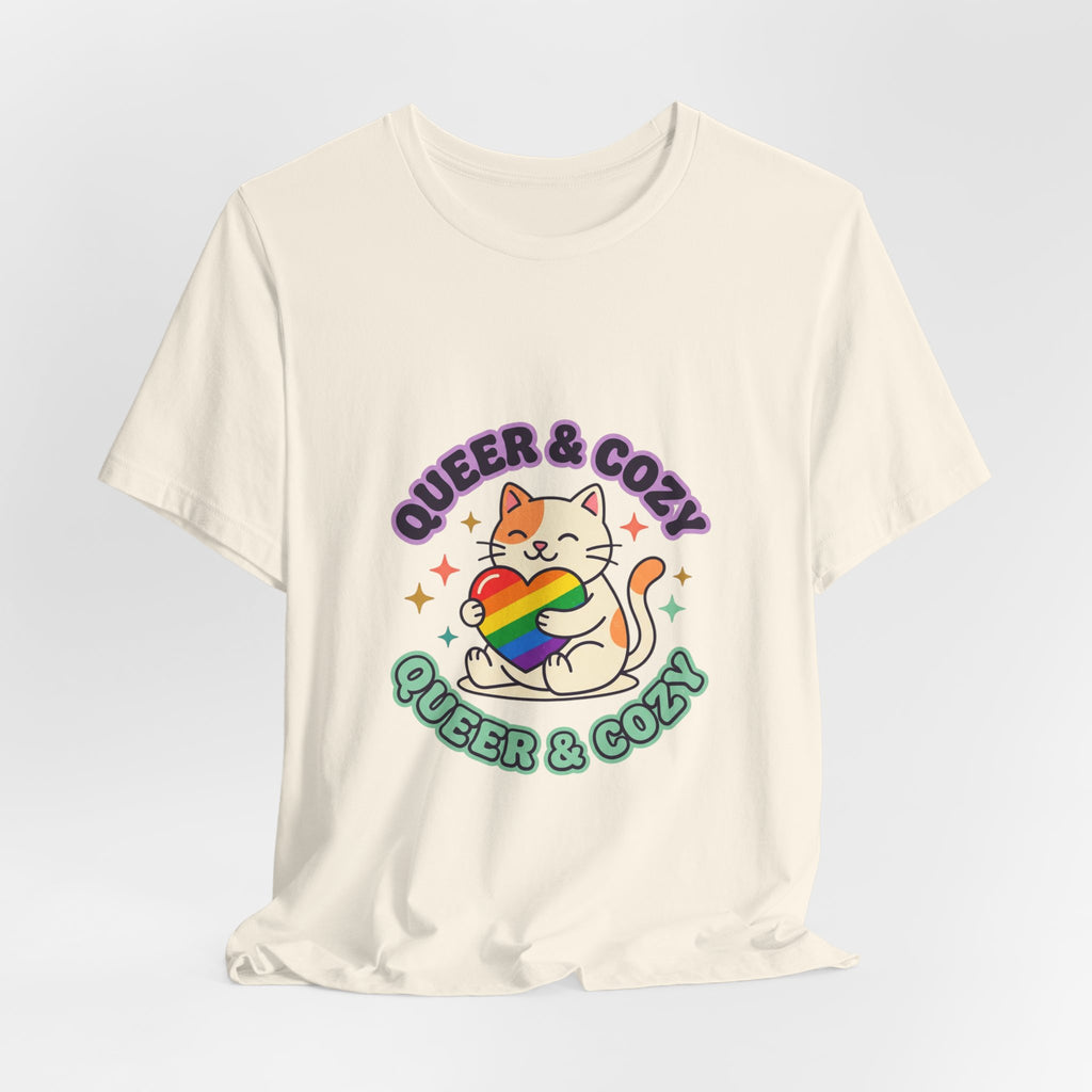 Queer & Cozy Cat Tee | Pride, LGBTQ+ Visibility, Retro Pastel Camp