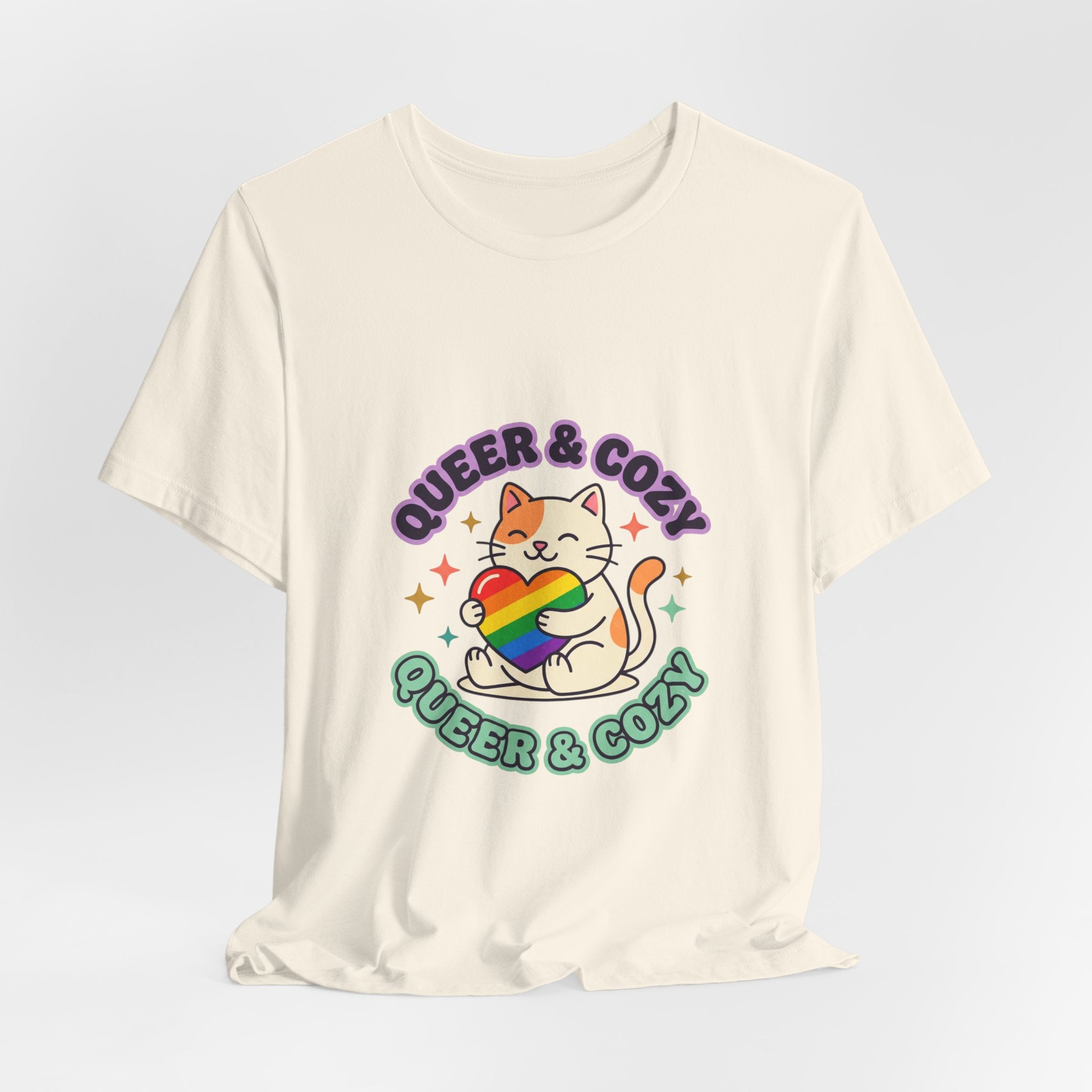 Queer & Cozy Cat Tee | Pride, LGBTQ+ Visibility, Retro Pastel Camp