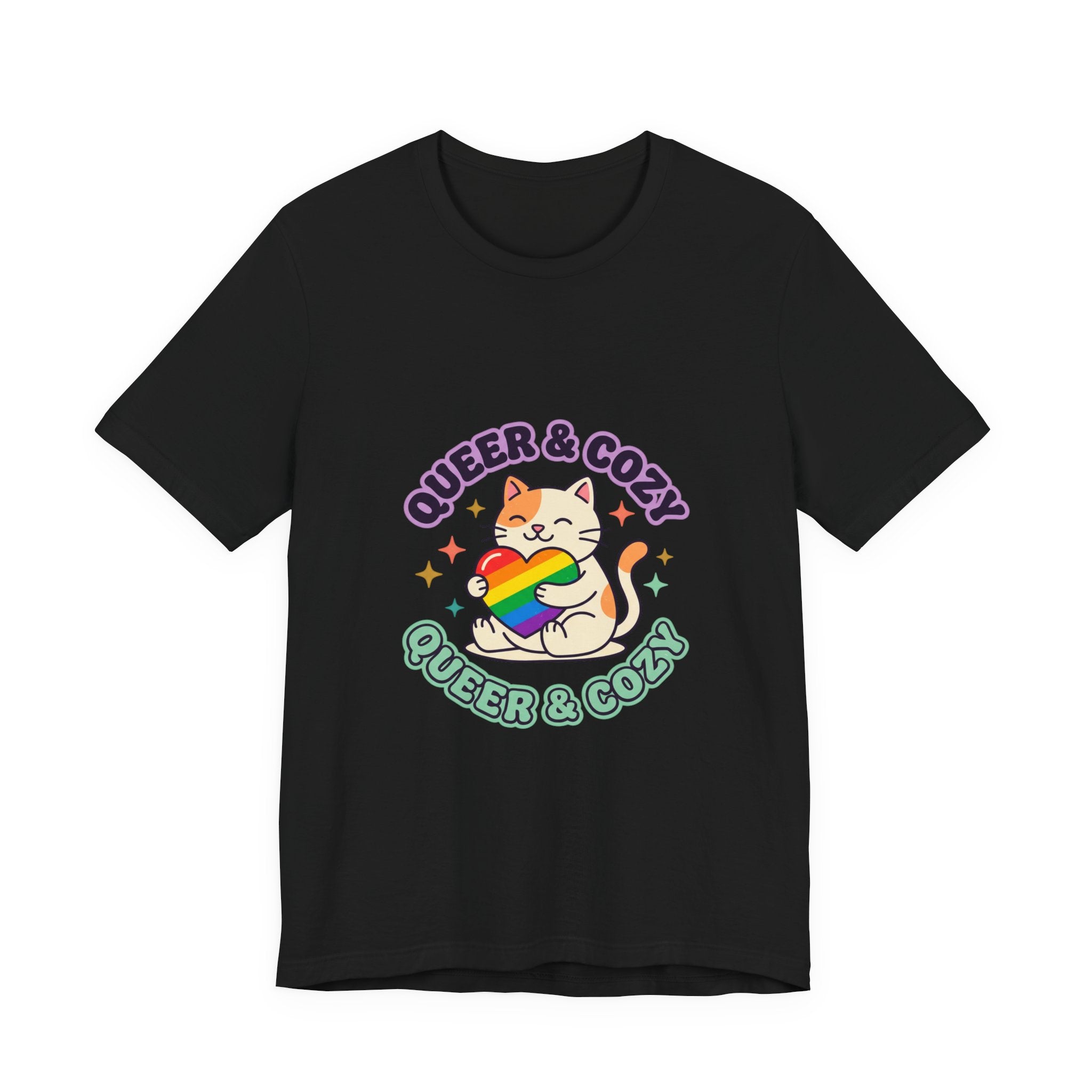 Queer & Cozy Cat Tee | Pride, LGBTQ+ Visibility, Retro Pastel Camp