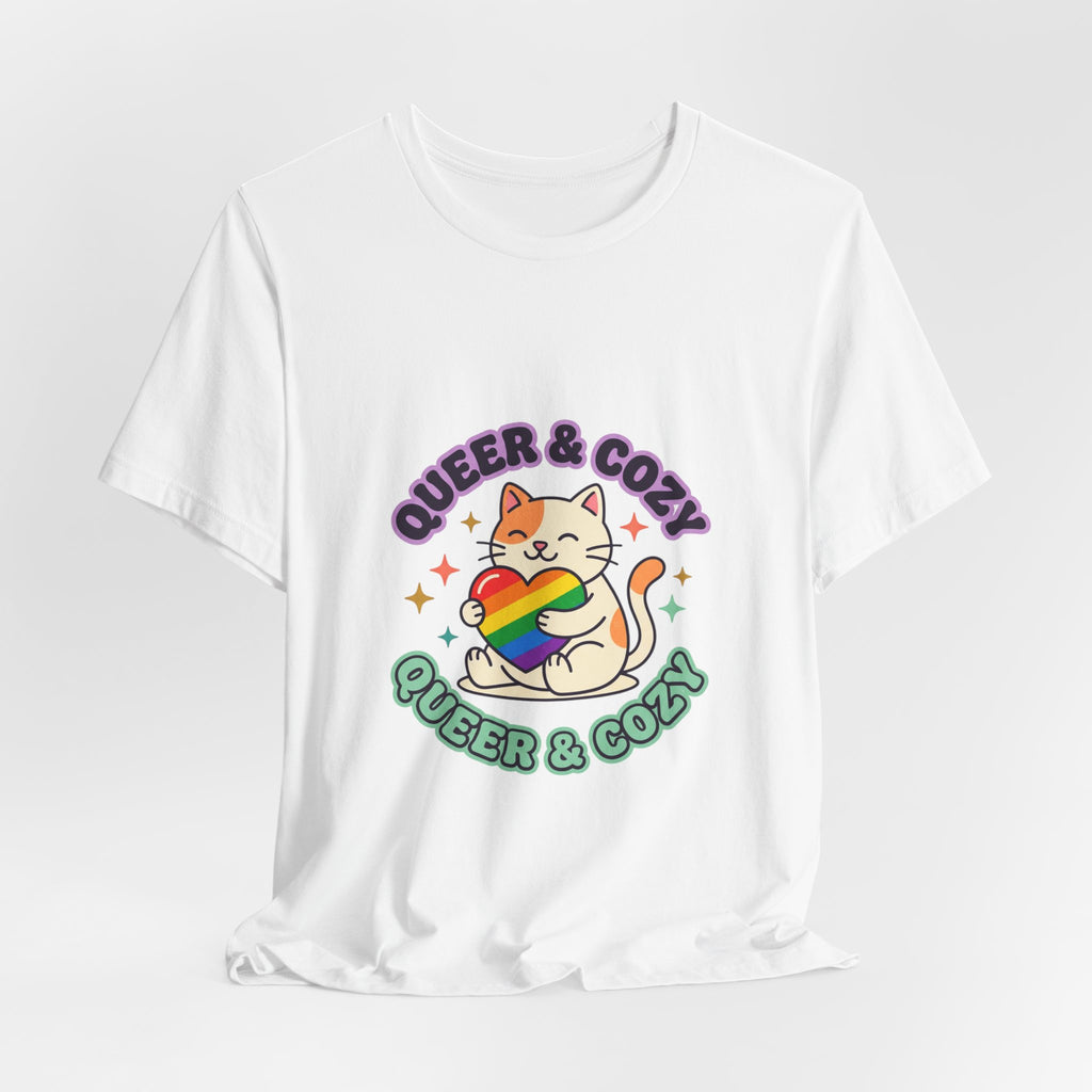 Queer & Cozy Cat Tee | Pride, LGBTQ+ Visibility, Retro Pastel Camp
