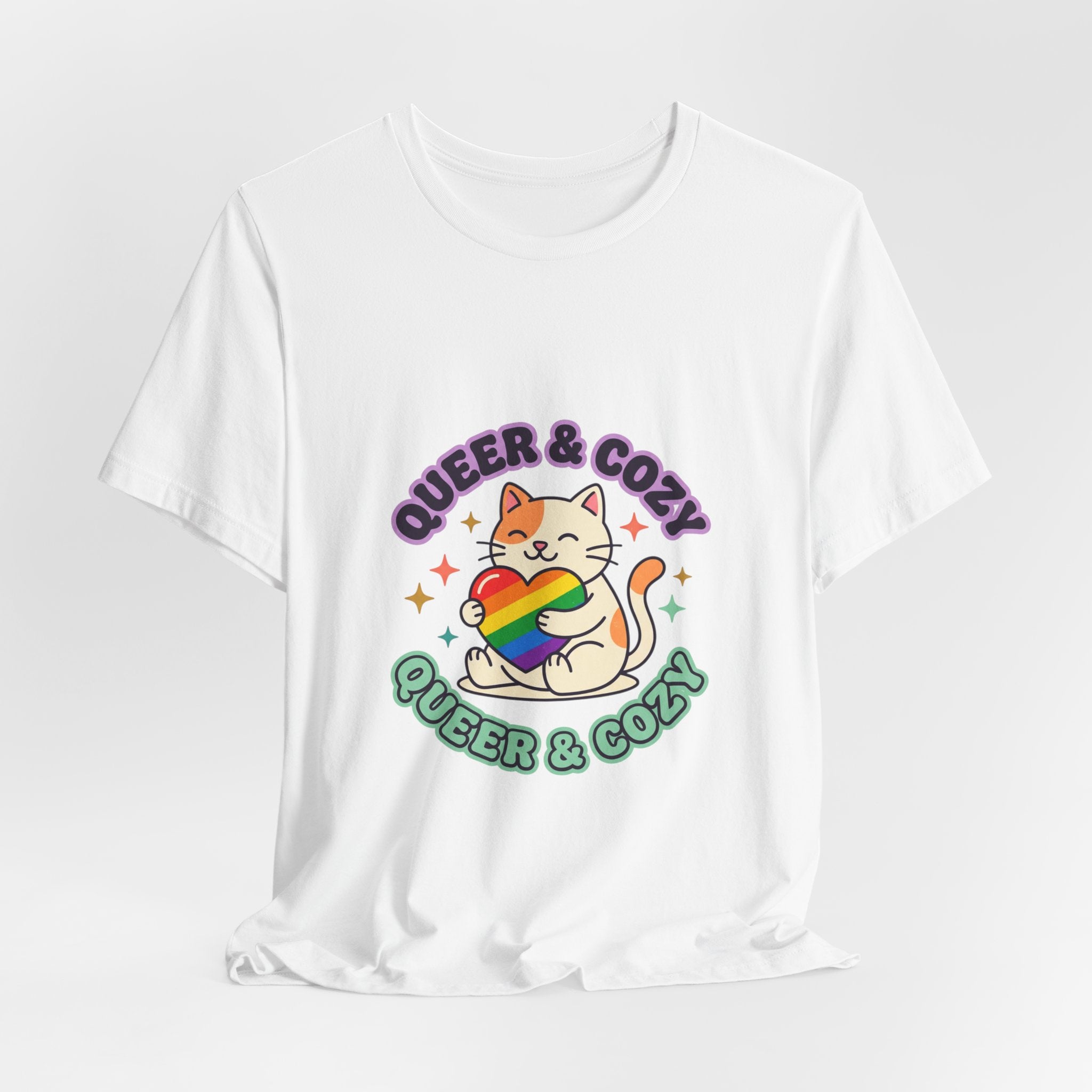 Queer & Cozy Cat Tee | Pride, LGBTQ+ Visibility, Retro Pastel Camp