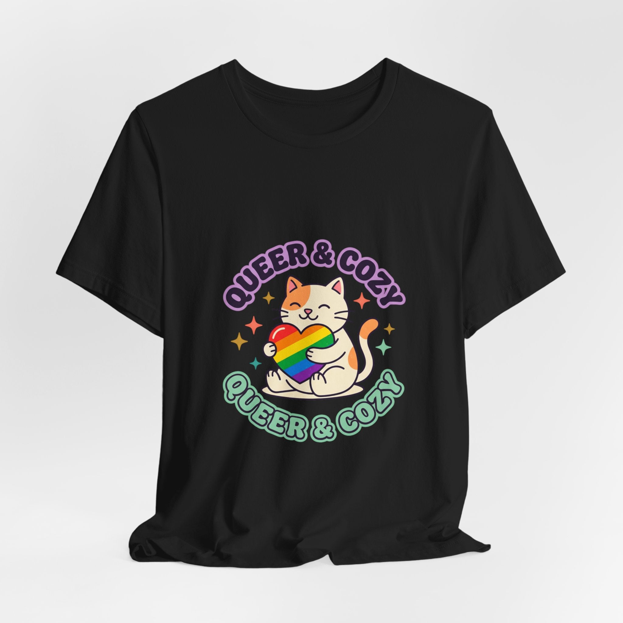 Queer & Cozy Cat Tee | Pride, LGBTQ+ Visibility, Retro Pastel Camp